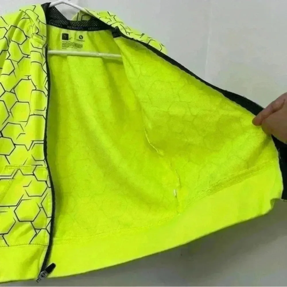 Xersion Geometric Hexagon Neon Yellow Black‎ Long Sleeve Zip Up Hoodie Kids XL